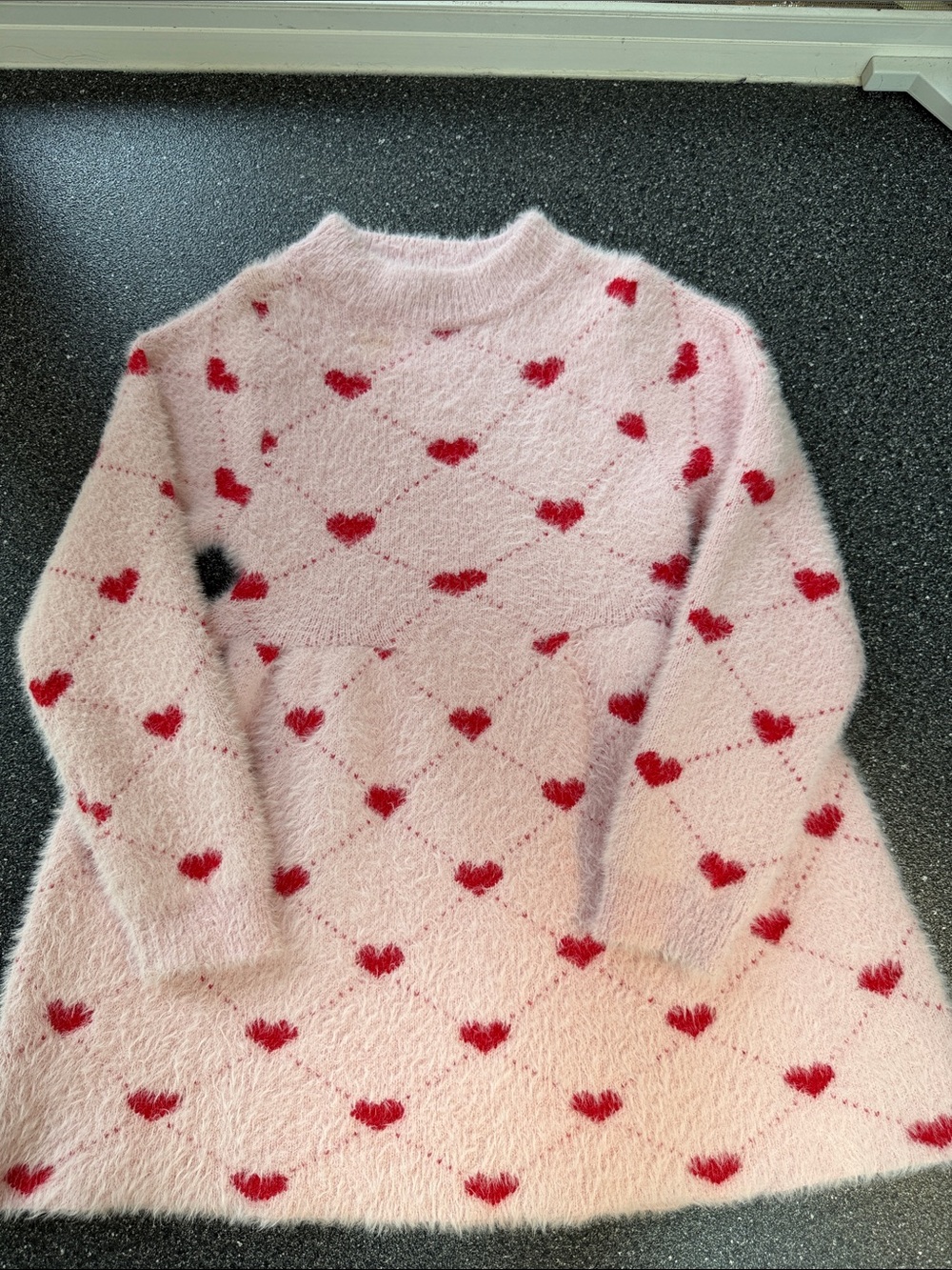 Lola + The Boys Pink Fuzzy Heart Sweater Dress with Red Hearts